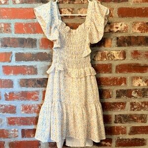Floral Tie Back Ruffle Dress Boho Style. Pale Yellow, Cream & Blue. Mable Size S